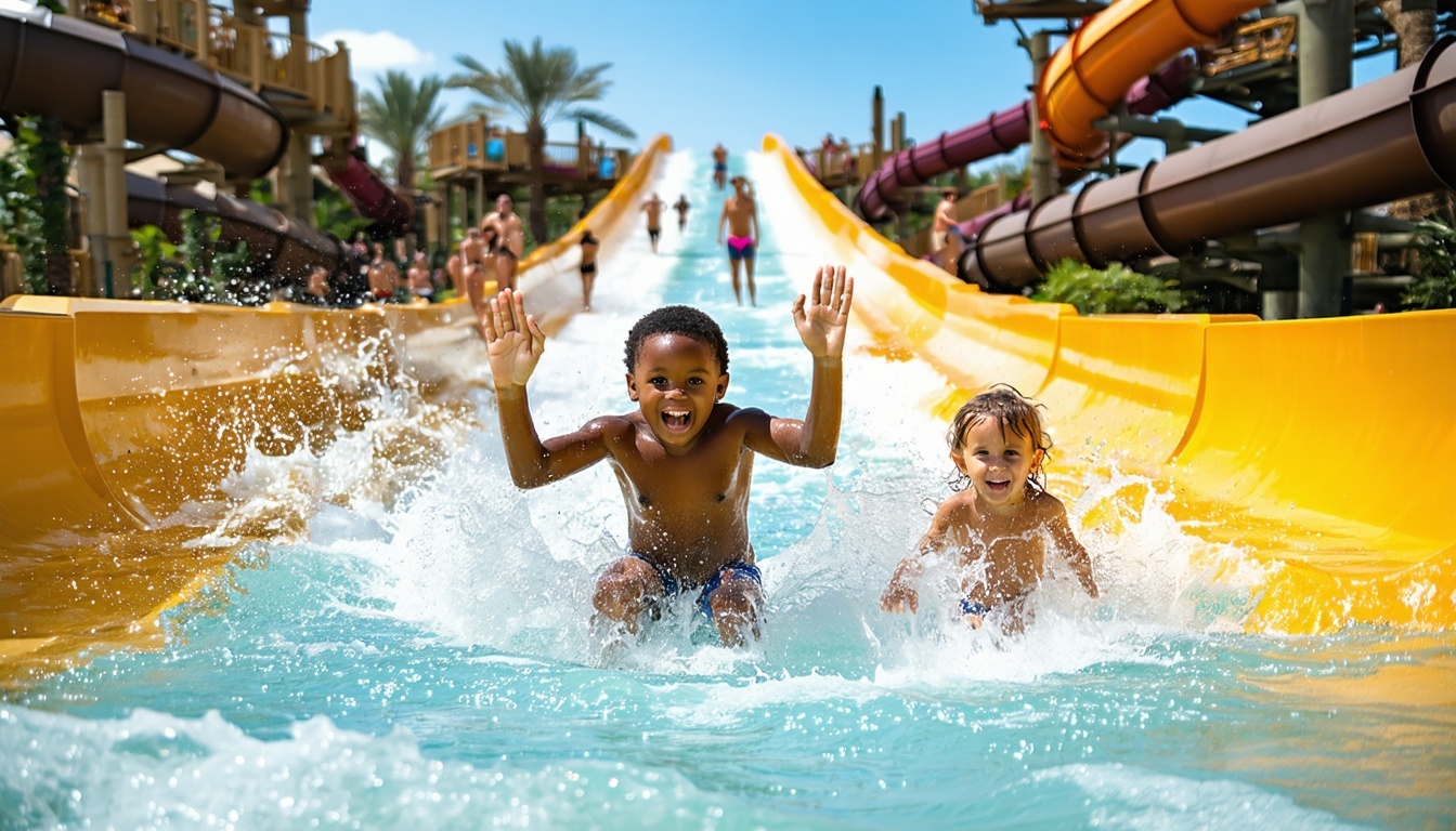 Families enjoying thrilling water slides at Aquaventure World Dubai