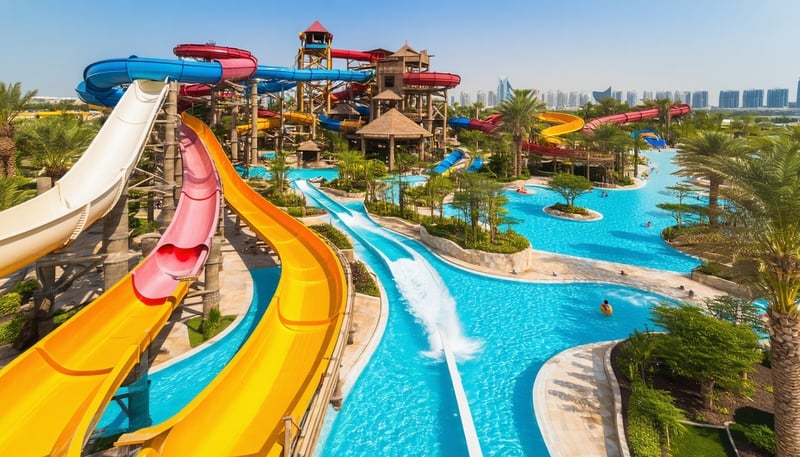Aerial view of Aquaventure World Dubai with water slides and pools Aerial view of Aquaventure World Dubai with water slides and pools