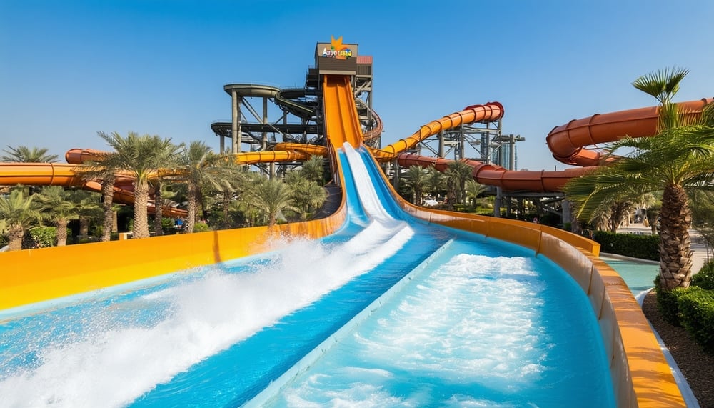 A view of Aquaventure World Dubai's iconic water slides and attractions A view of Aquaventure World Dubai's iconic water slides and attractions